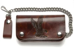 Cartera motorista mediana con cadena piel envejecida marrón con águila grabada