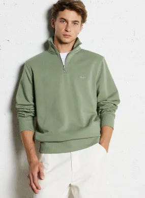 Jersey de mezcla de algodón con cuello con cremallera en verde